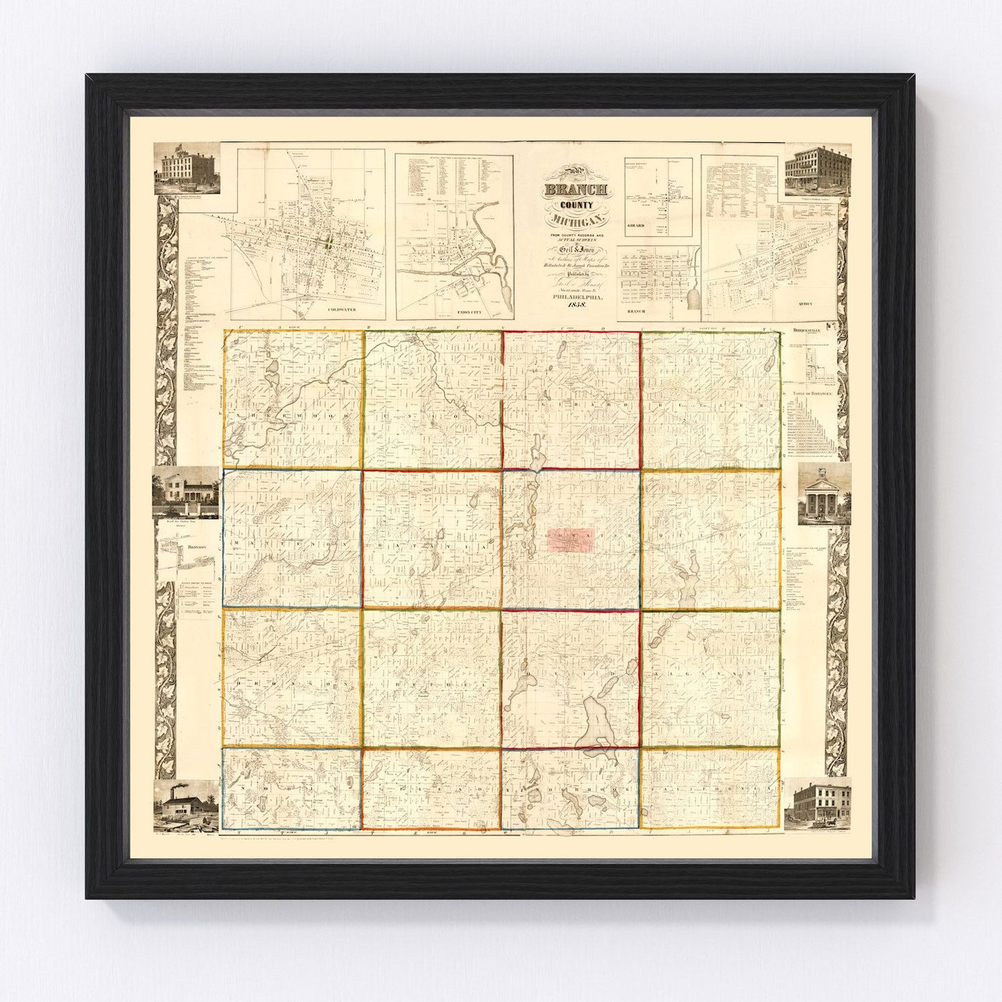 Vintage Map of Branch County, Michigan 1858