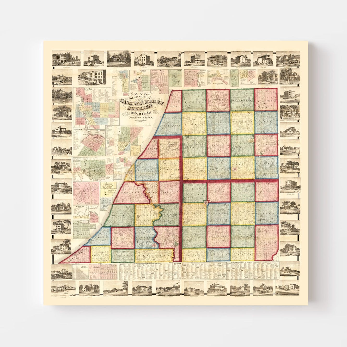 Vintage Map of Cass County, Michigan 1860