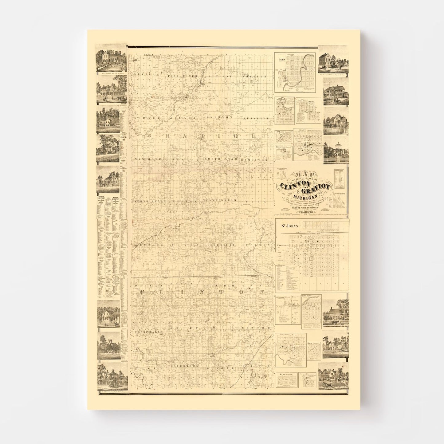 Vintage Map of Clinton County, Michigan 1864