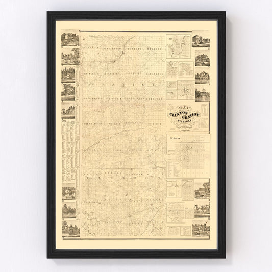 Vintage Map of Clinton County, Michigan 1864