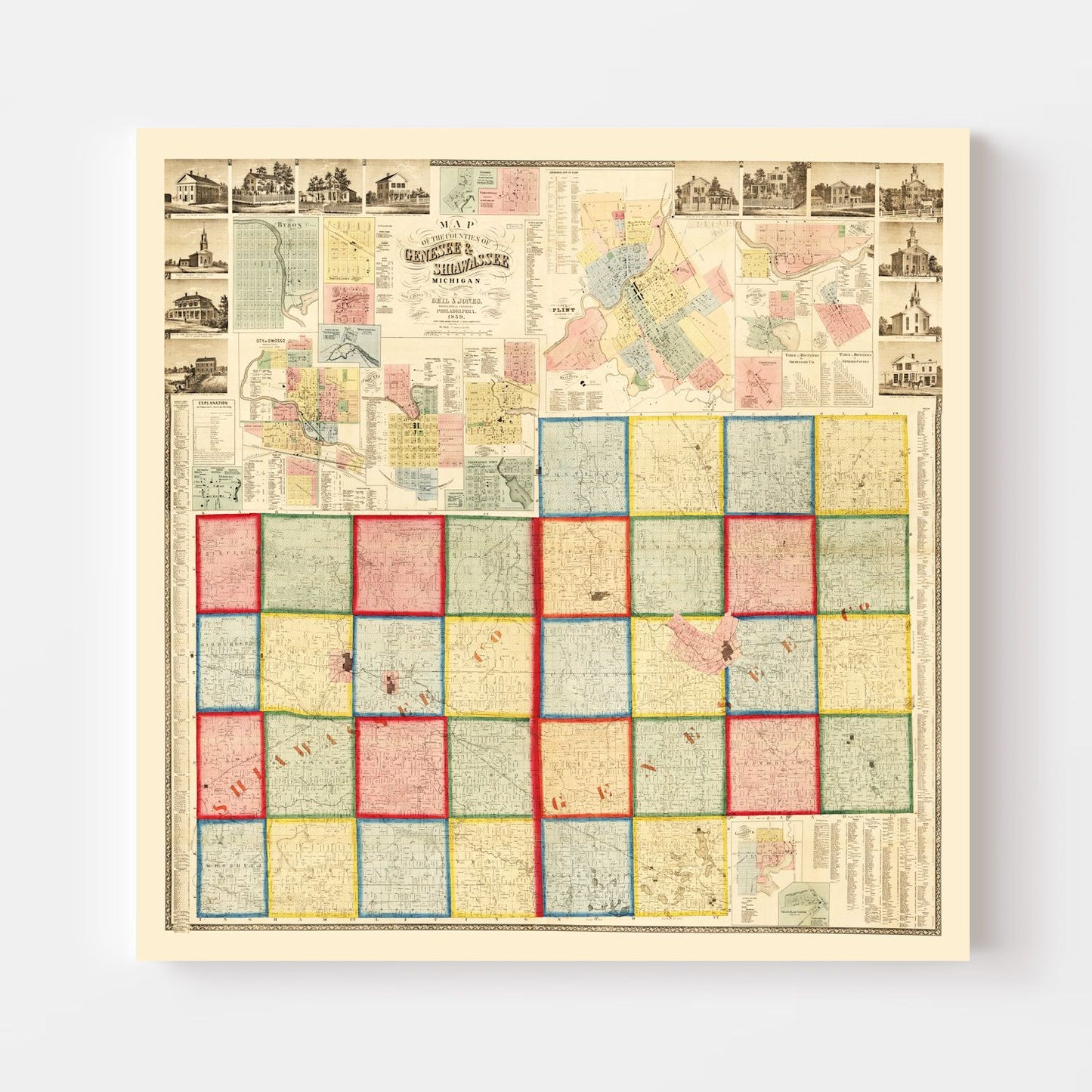 Vintage Map of Genessee County, Michigan 1859