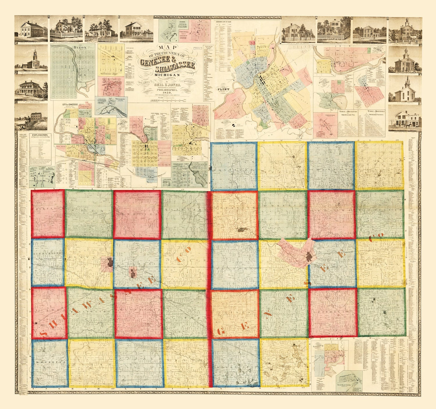 Vintage Map of Genessee County, Michigan 1859