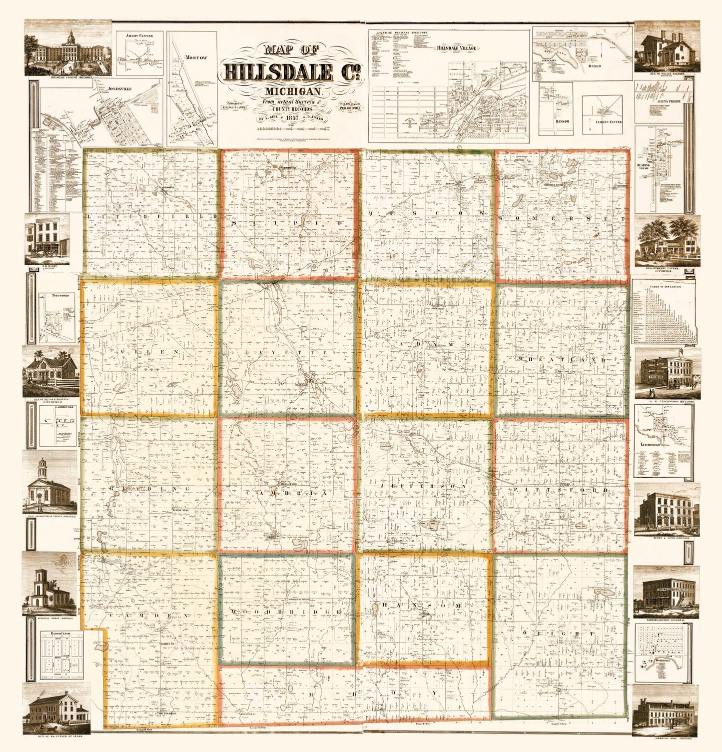 Vintage Map of Hillsdale County, Michigan 1857