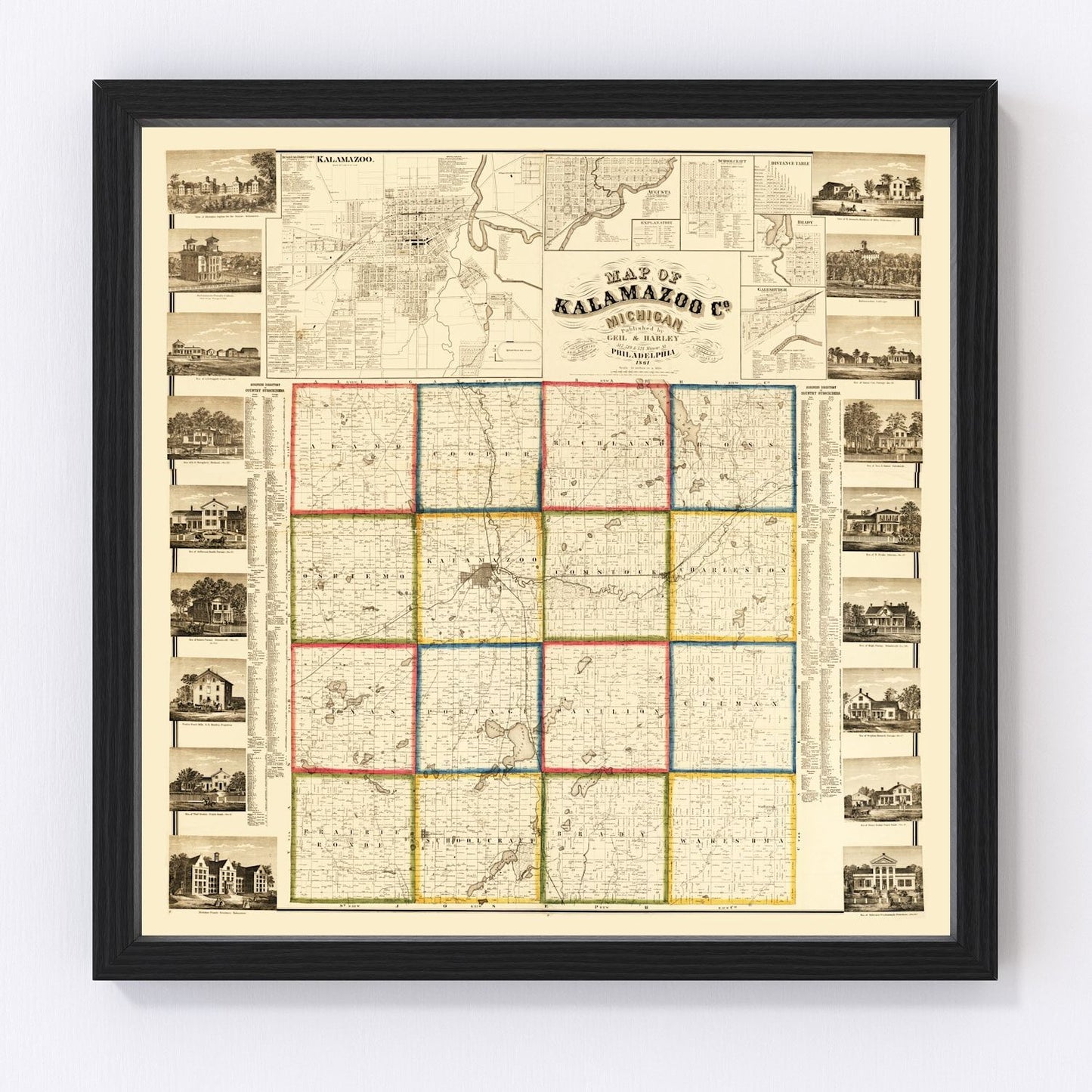 Vintage Map of Kalamazoo County, Michigan 1861