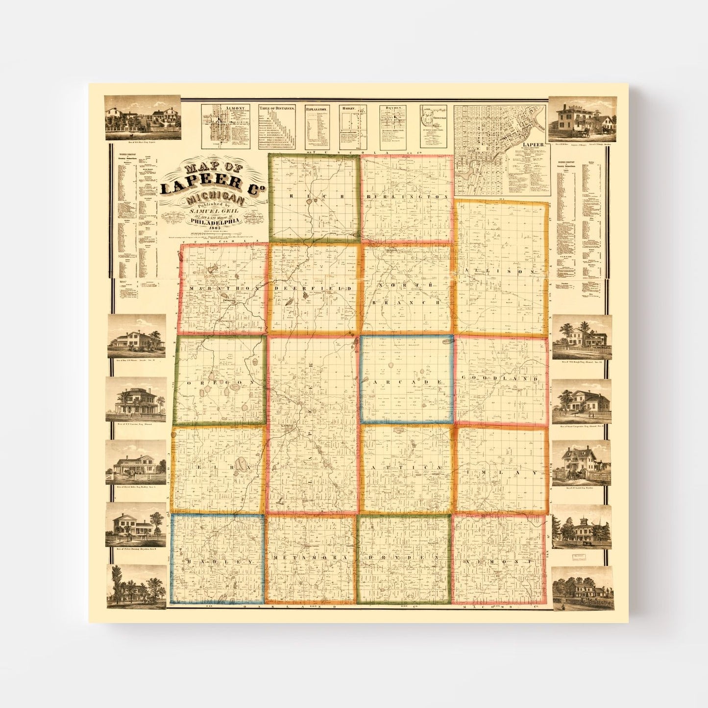 Vintage Map of Lapeer County, Michigan 1863
