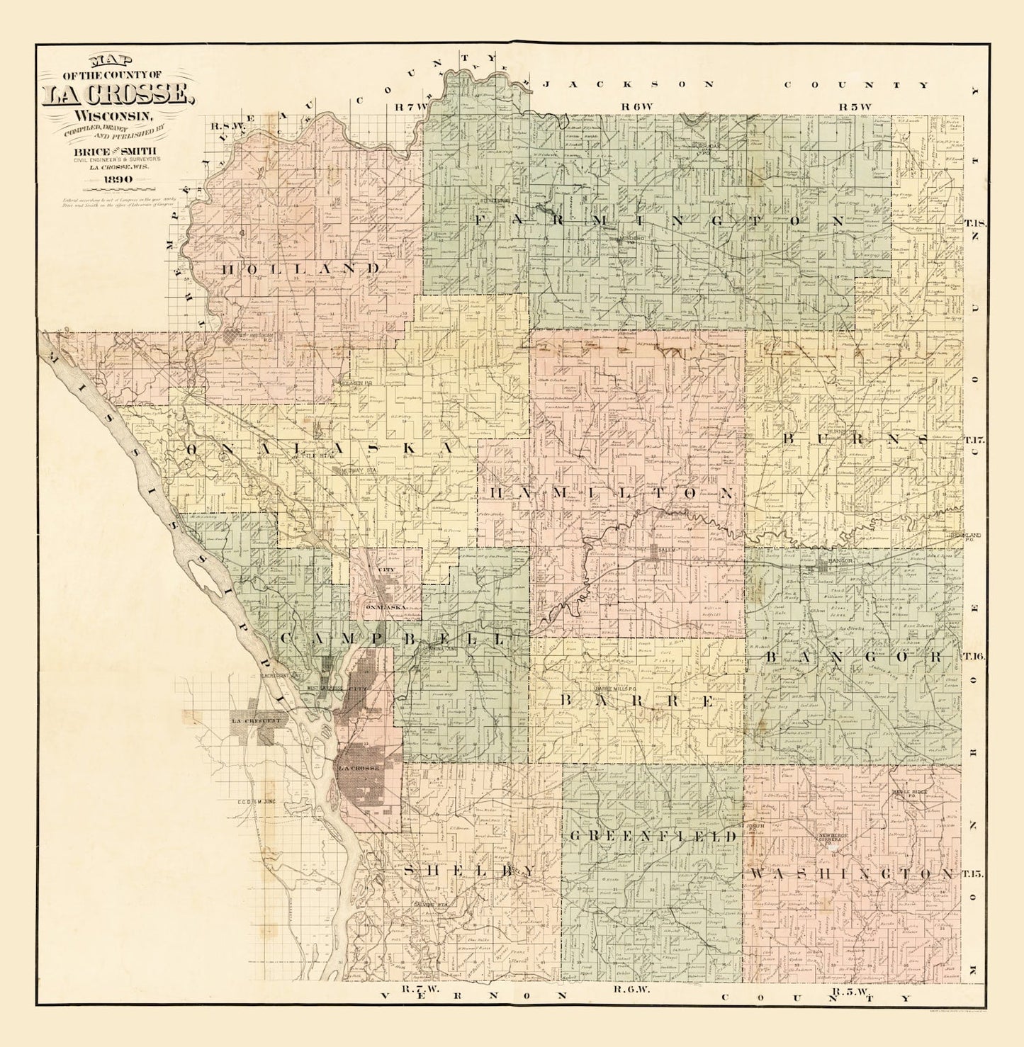 Vintage Map of La Crosse County, Wisconsin 1890