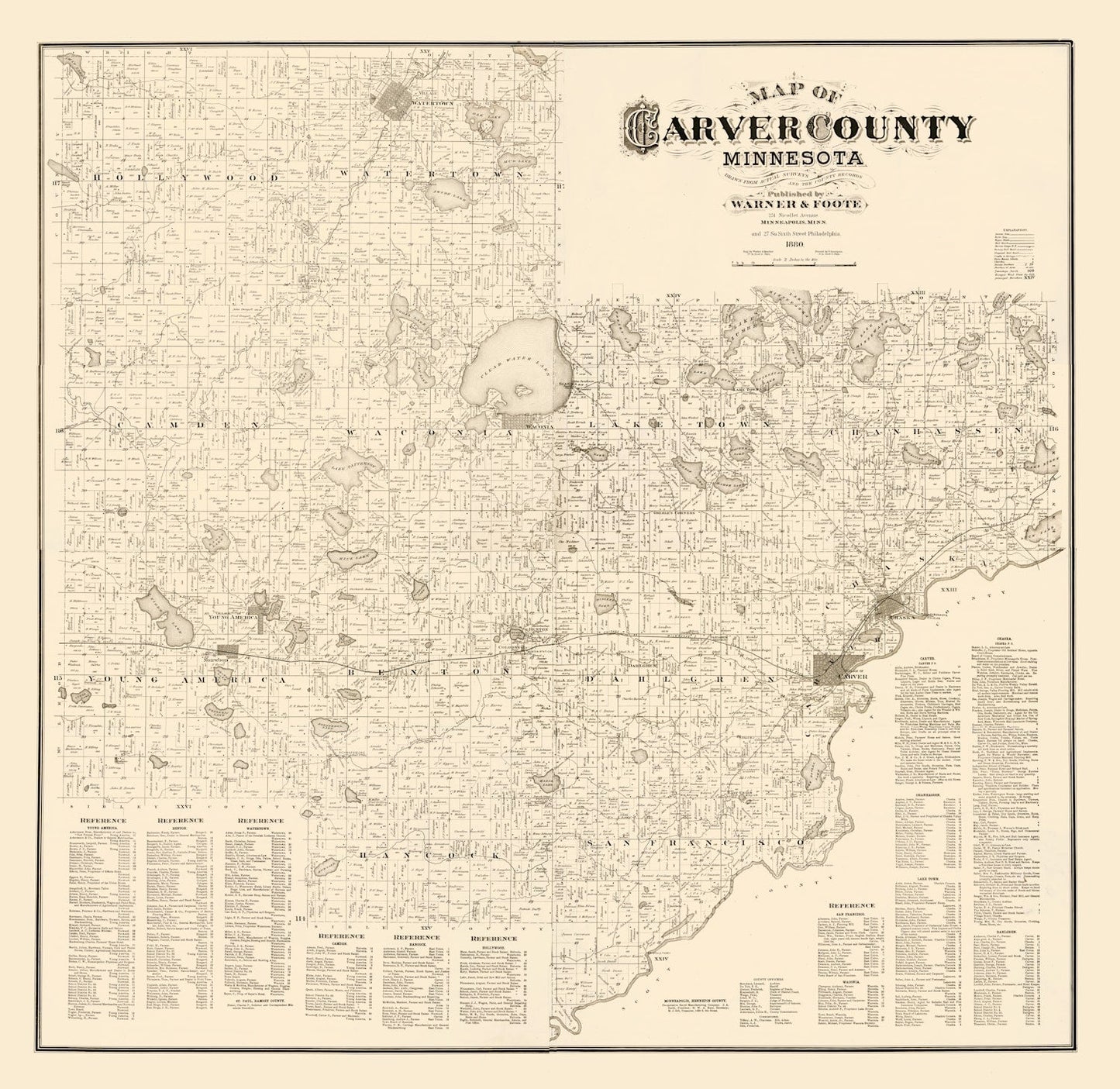 Vintage Map of Carver County, Minnesota 1880
