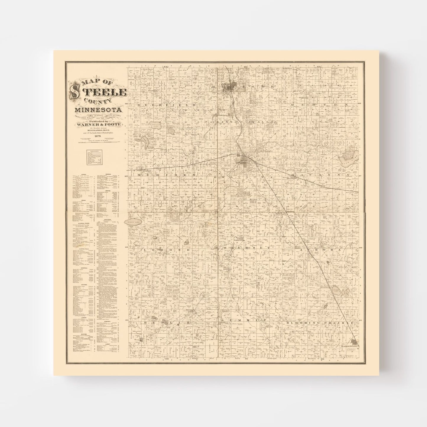 Vintage Map of Steele County, Minnesota 1879