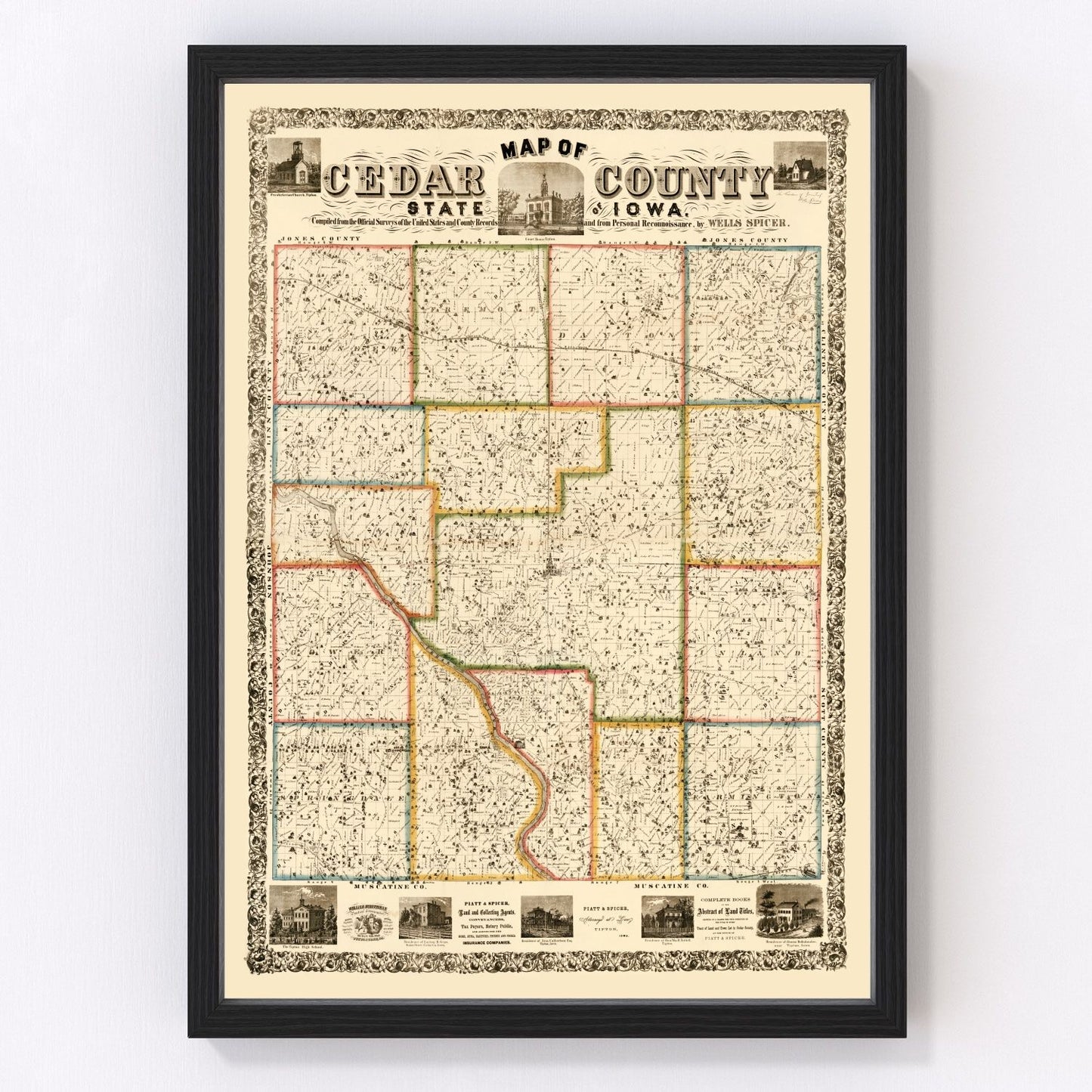 Vintage Map of Cedar County, Iowa 1863