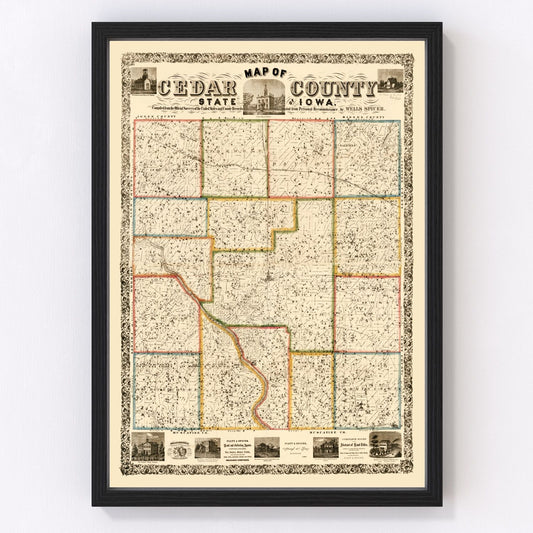 Vintage Map of Cedar County, Iowa 1863