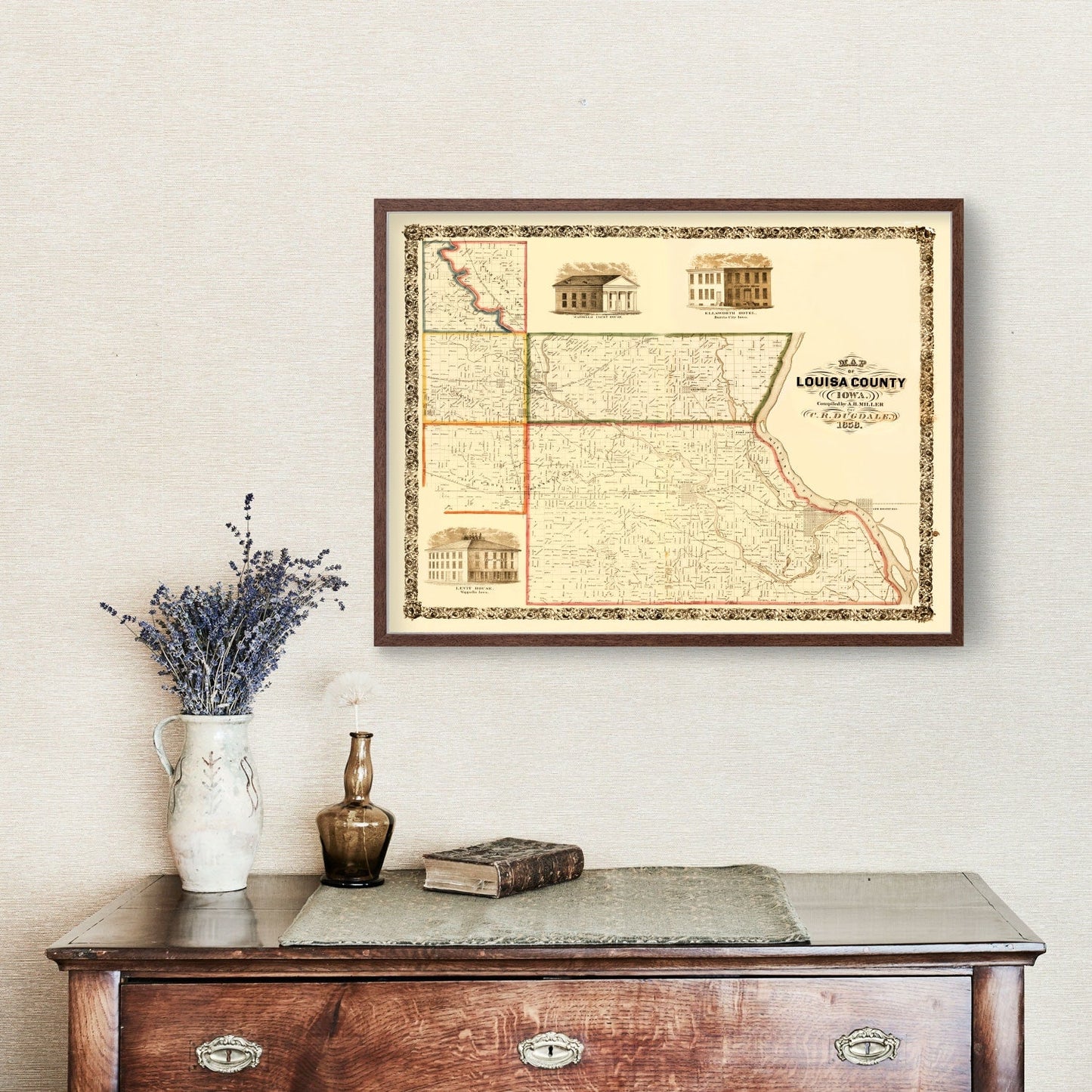 Vintage Map of Louisa County, Iowa 1858