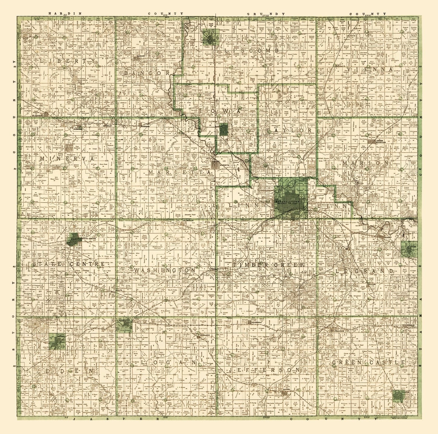 Vintage Map of Marshall County, Iowa 1896