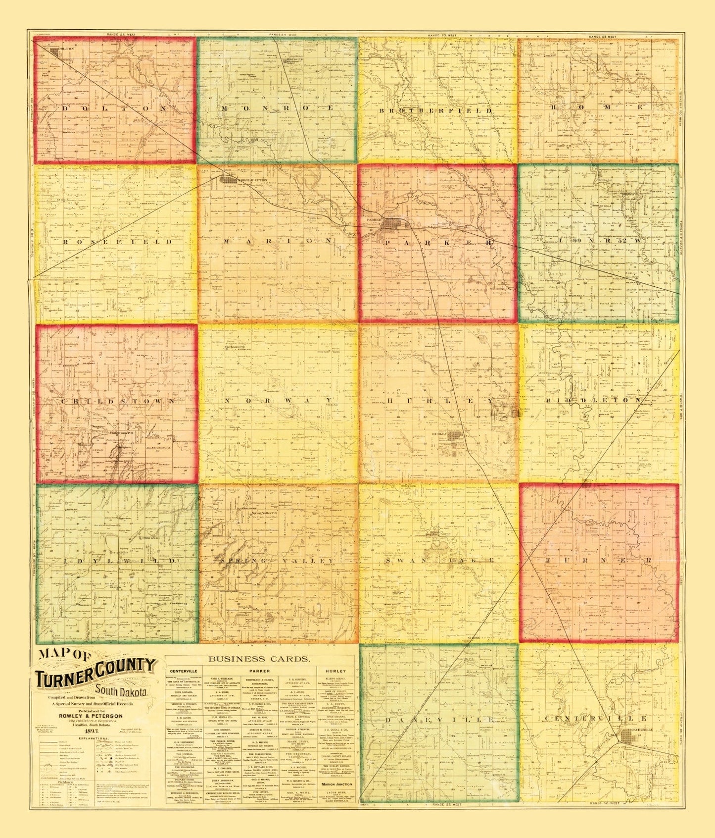 Vintage Map of Turner County, South Dakota 1893