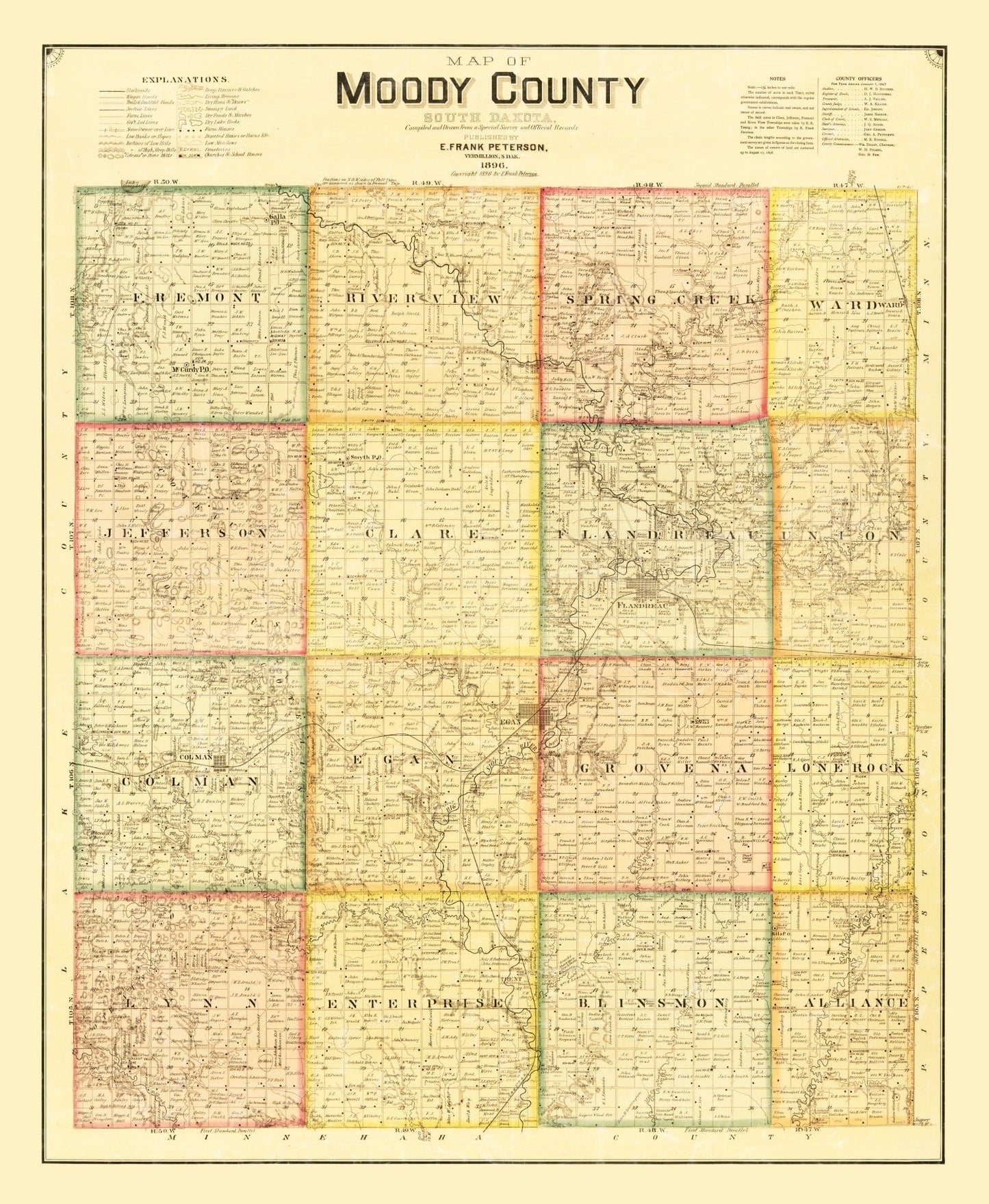 Vintage Map of Moody County, South Dakota 1896