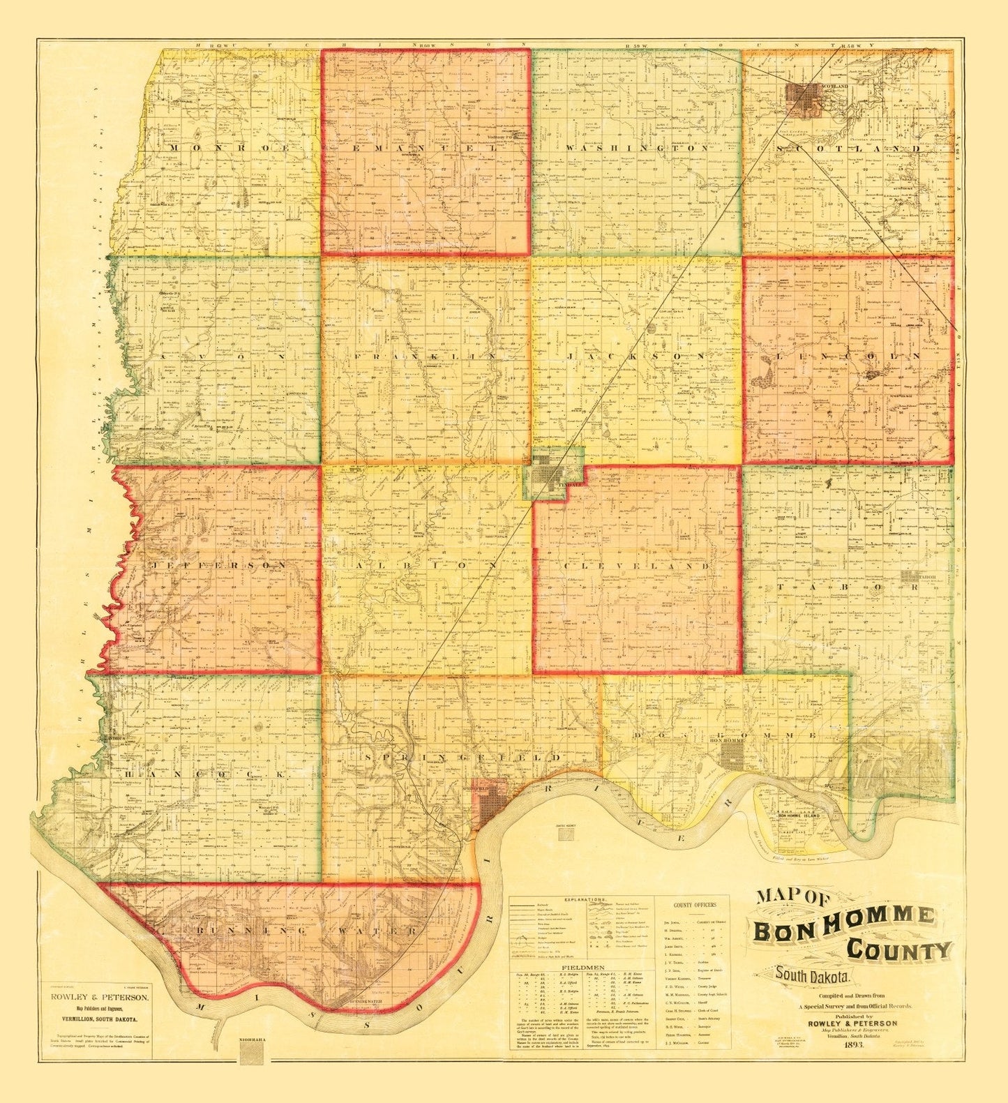 Vintage Map of Bon Homme County, South Dakota 1893
