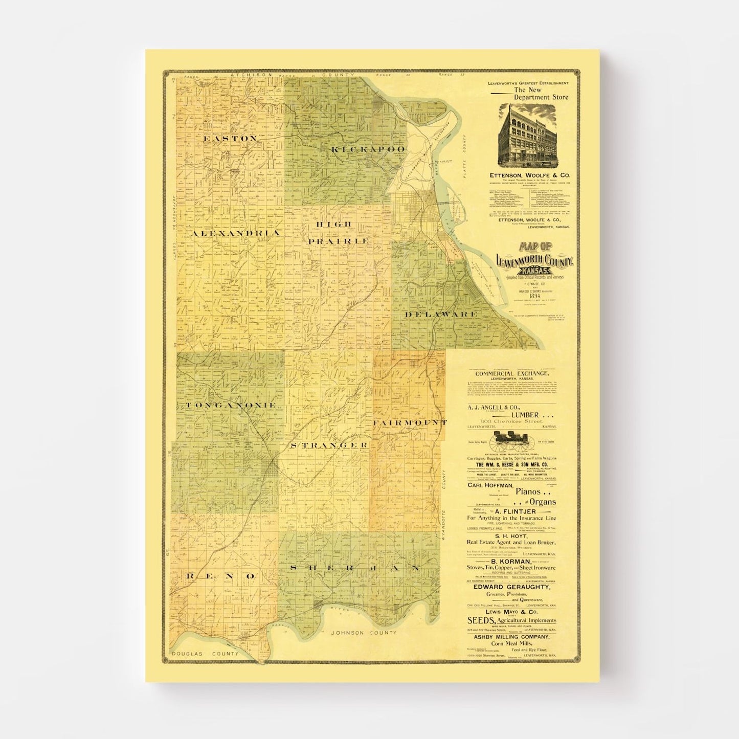 Vintage Map of Leavenworth County, Kansas 1894