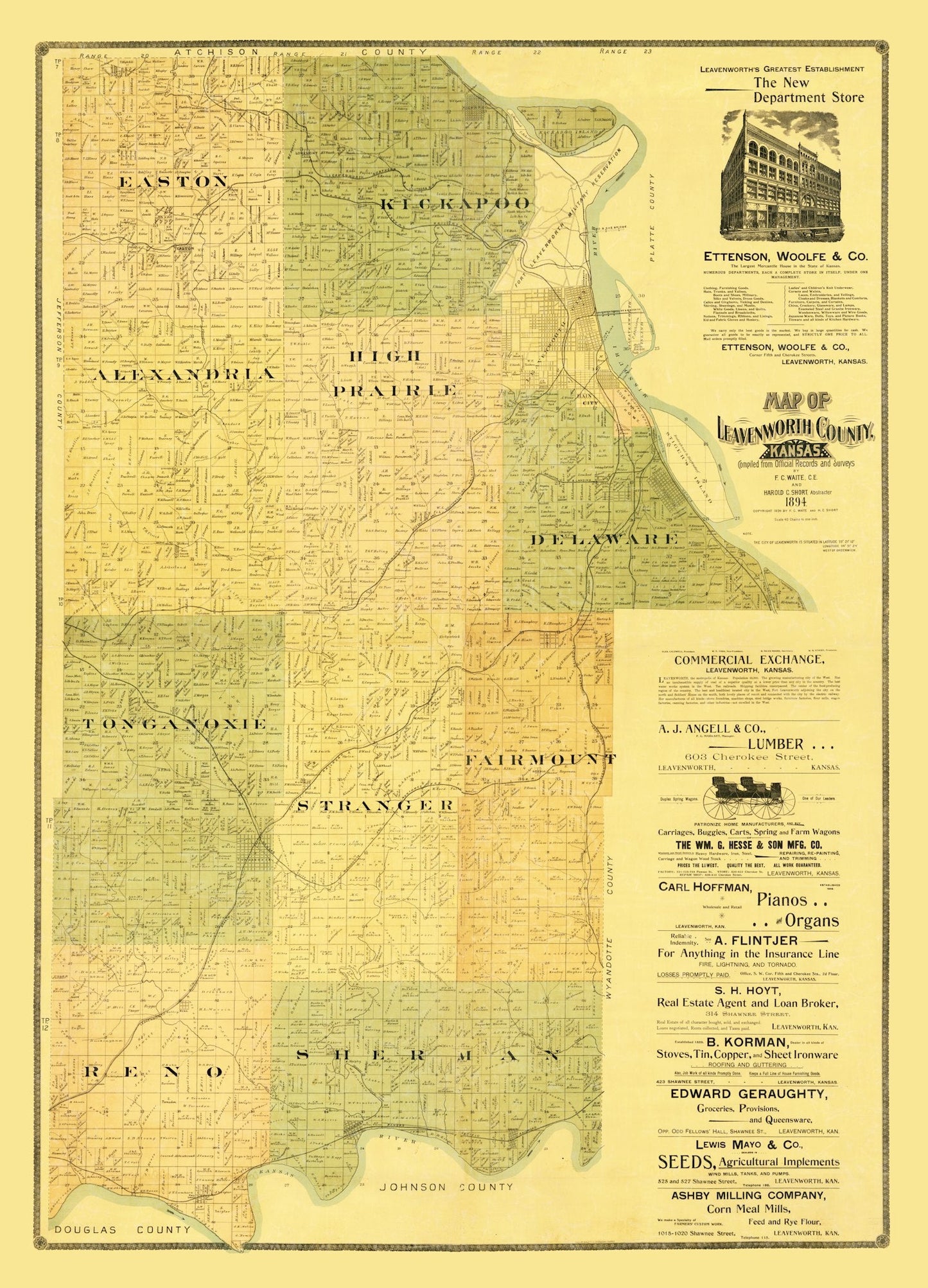 Vintage Map of Leavenworth County, Kansas 1894