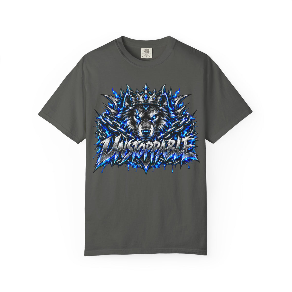 Wolf 'Unstoppable' Graphic Tee — Bold Blue Crowned Wolf Shirt
