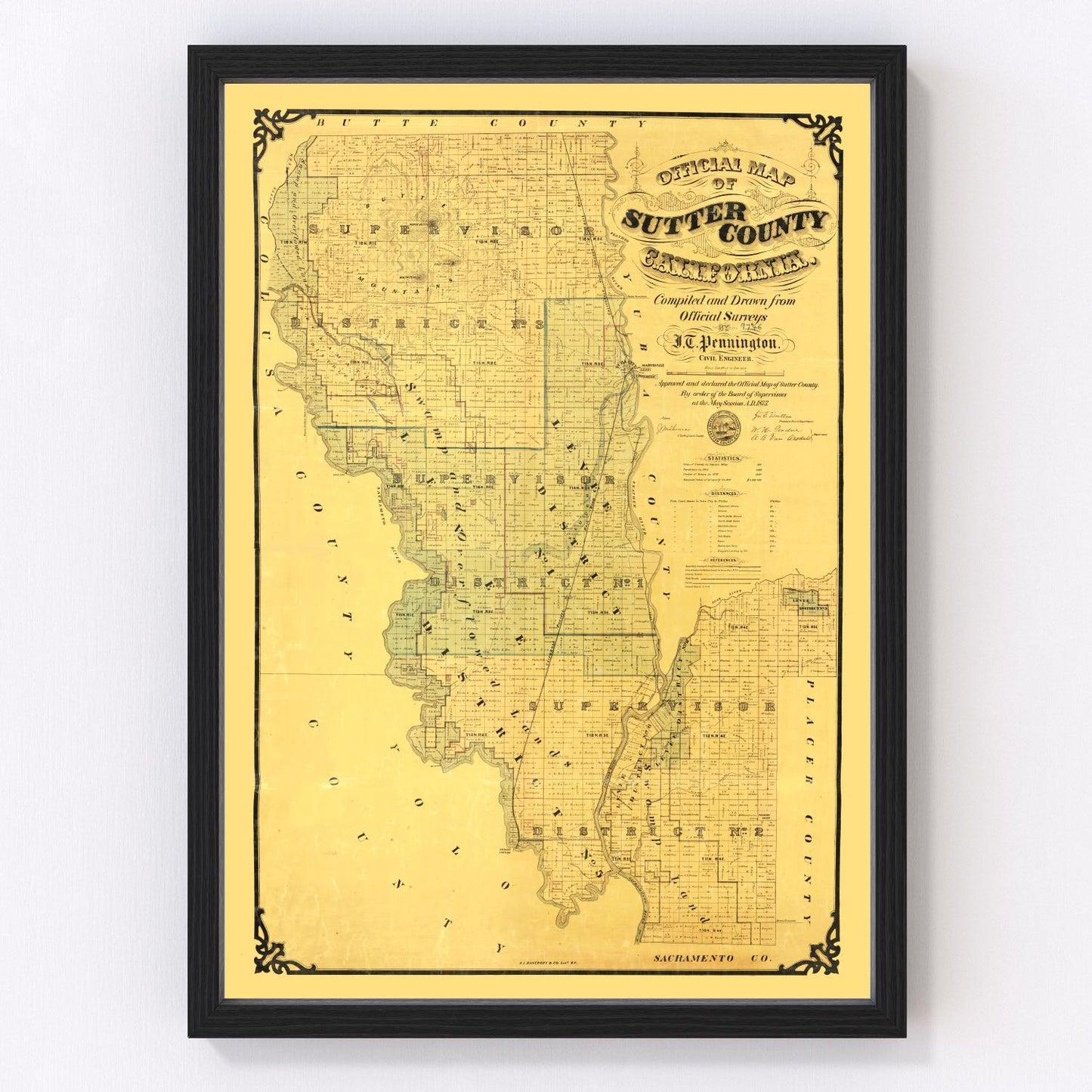 Vintage Map of Sutter County, California 1873