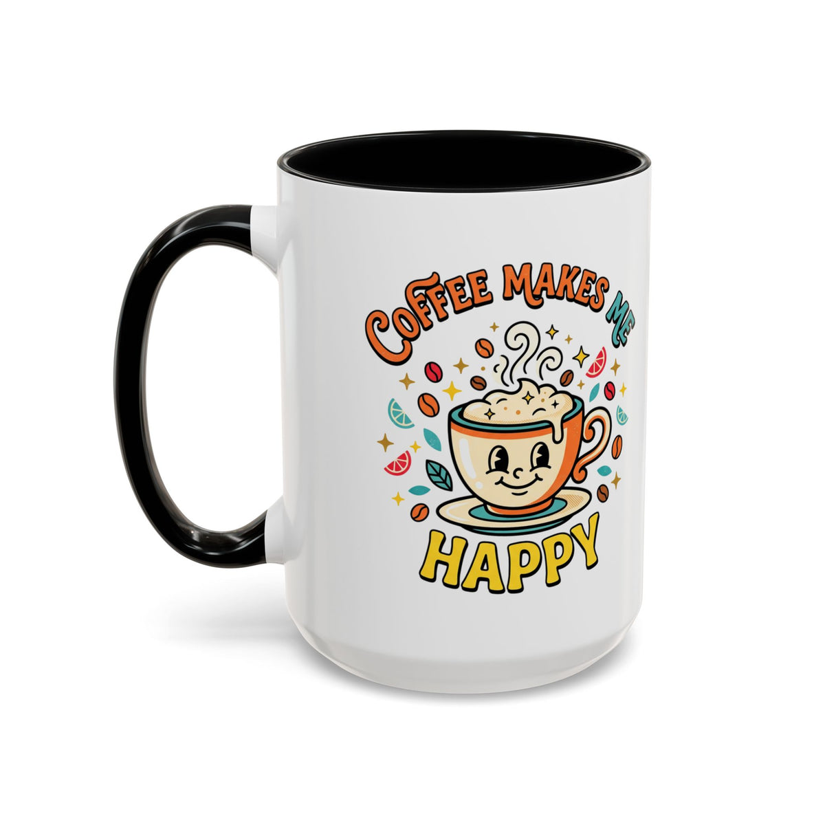 Coffee Mug — "Coffee Makes Me Happy" Cute Retro Accent Mug (11/15oz)