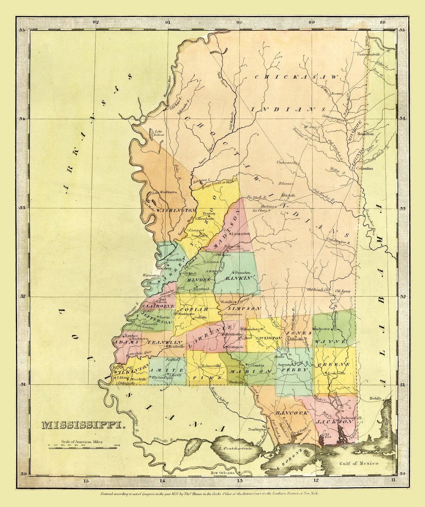Vintage Map of Mississippi 1835