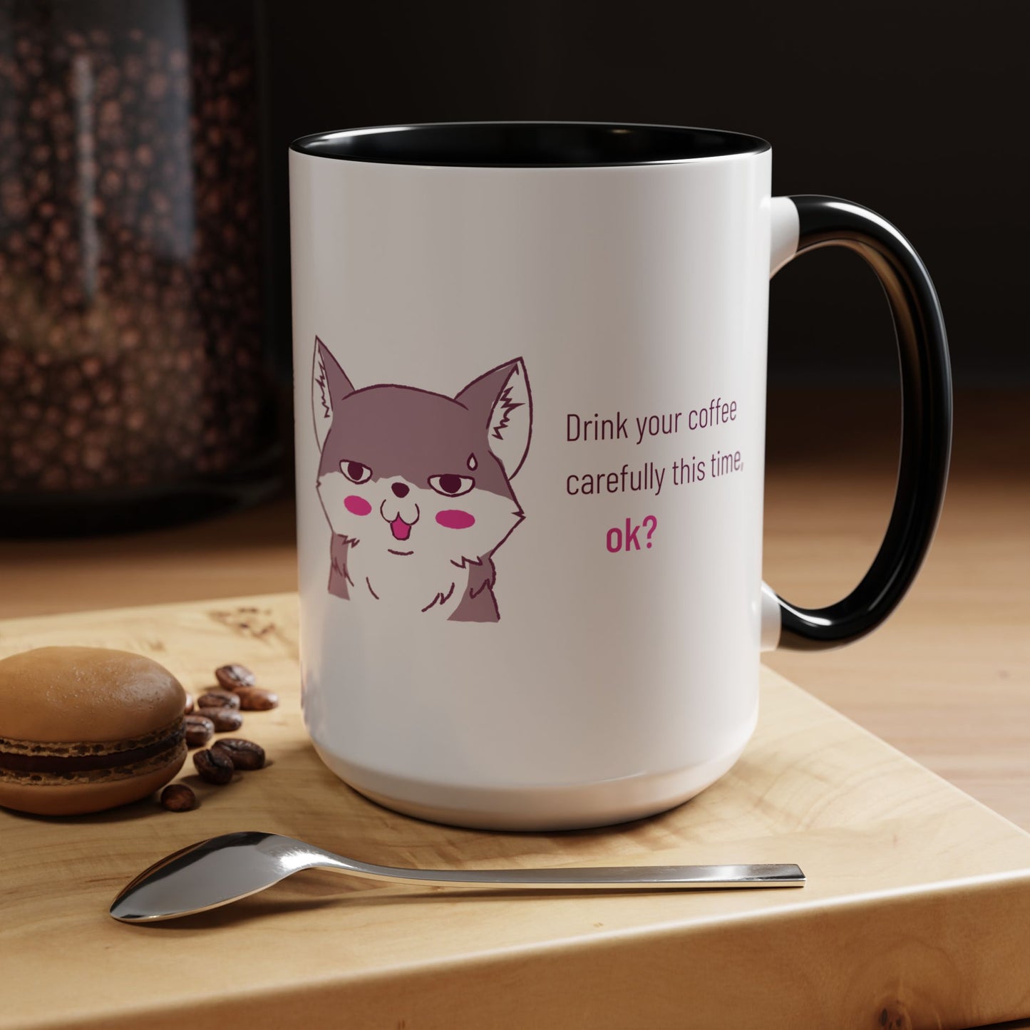Accent Coffee Mug — Cute Shy Fox Design "Drink your coffee carefully this time, ok?"