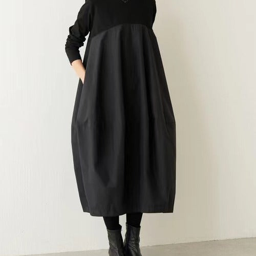 Women's Round-Neck Long-Sleeve Patchwork Maxi Dress