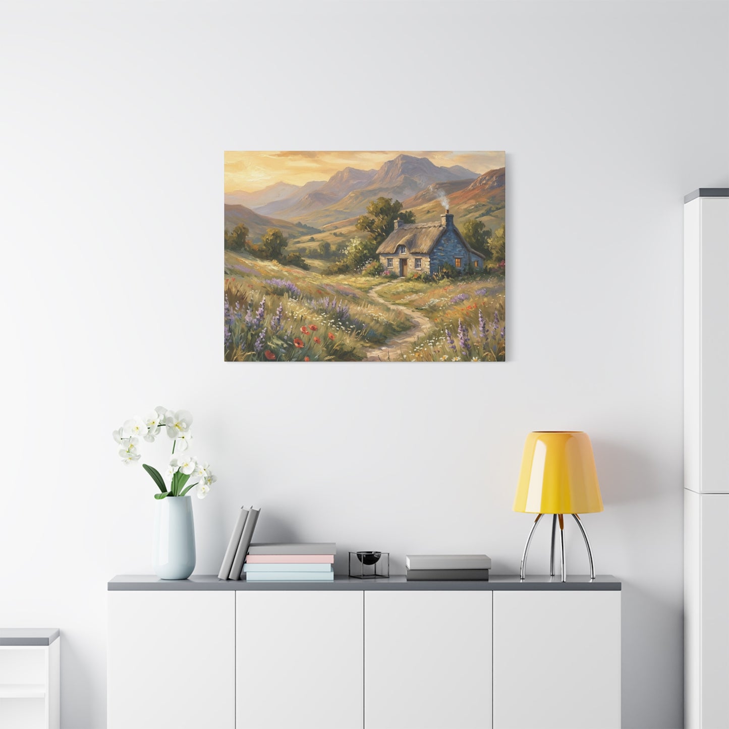 Countryside Cottage Canvas Wall Art — Tranquil Rustic Landscape Print