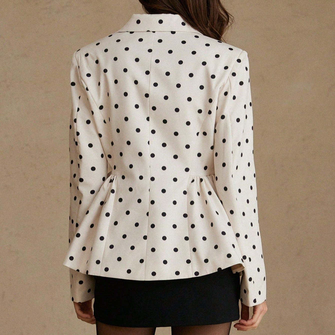 Polka Dot Peplum Blazer | Fitted Waist Deep V Notch Lapel | Ivory White