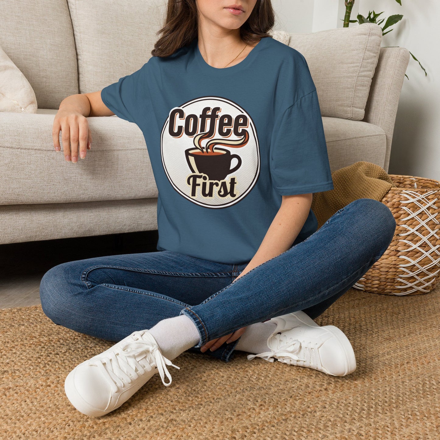 Coffee First T-Shirt — Retro Coffee Cup Graphic Tee for Coffee Lovers
