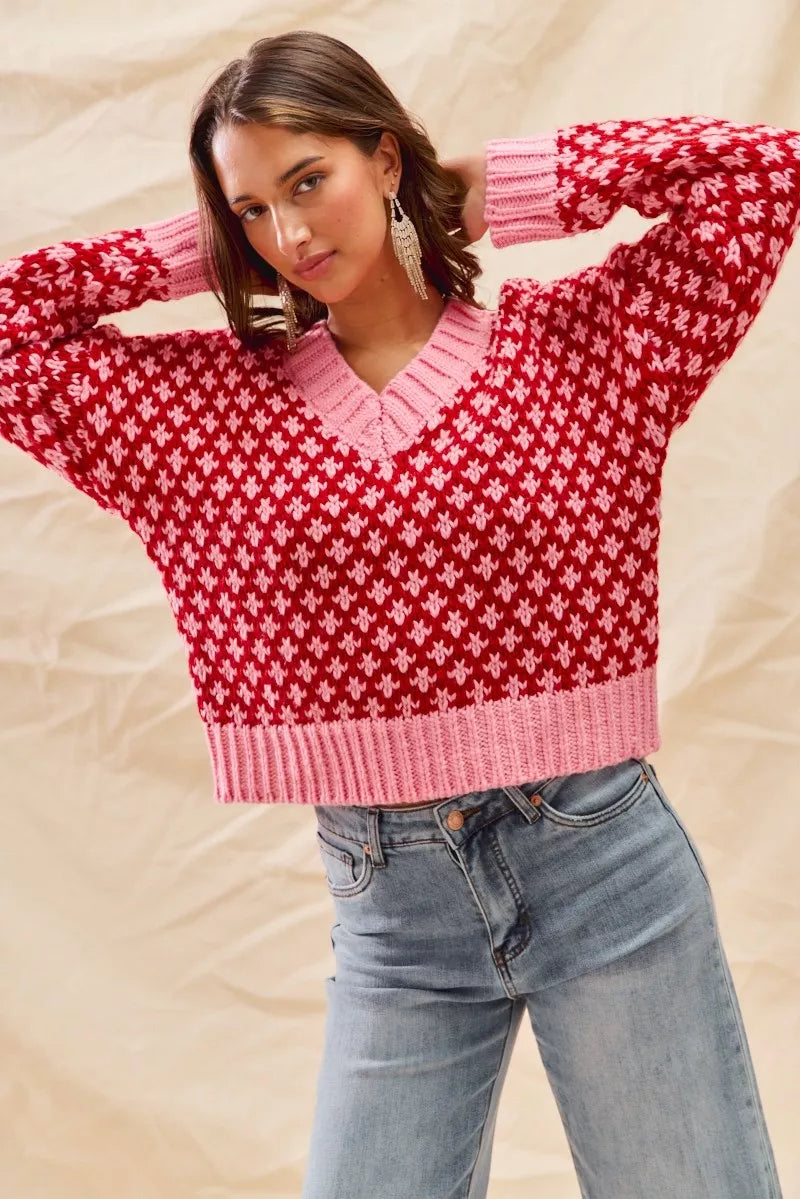 SO ME Color Block Textured Christmas Sweater V Neck Top