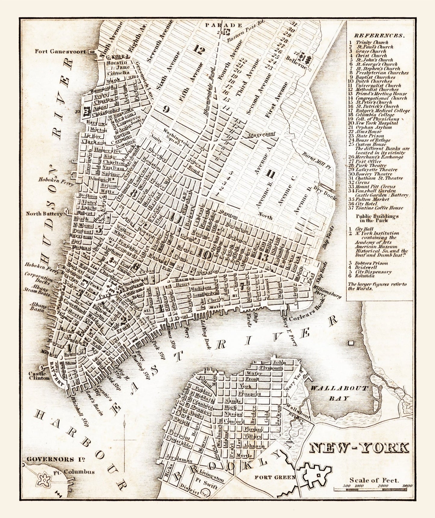 Vintage Map of New York City, New York 1837