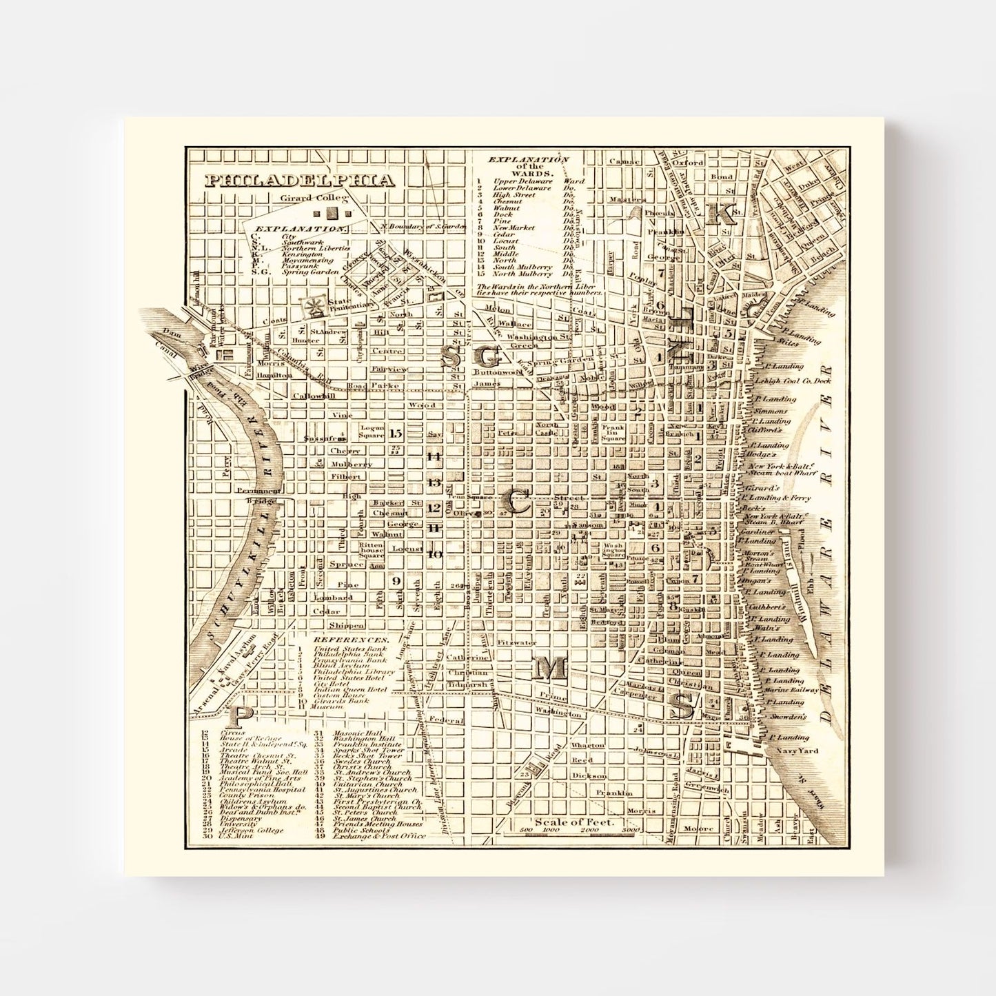 Vintage Map of Philadelphia, Pennsylvania 1844