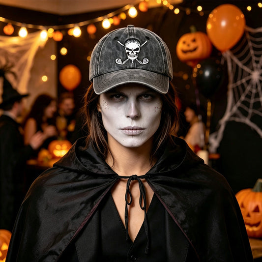 Halloween Golf Skull Embroidered Baseball Cap – Vintage Washed Distressed Hat