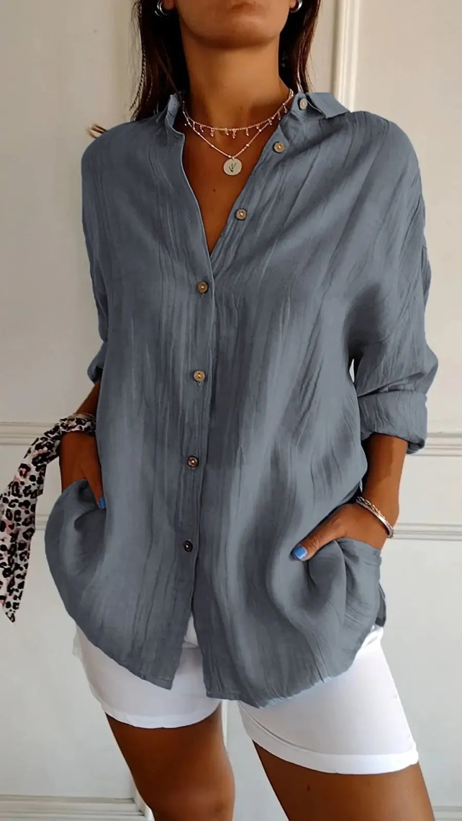 Women's Oversized Lapel Button-Down Shirt with Pleated Back