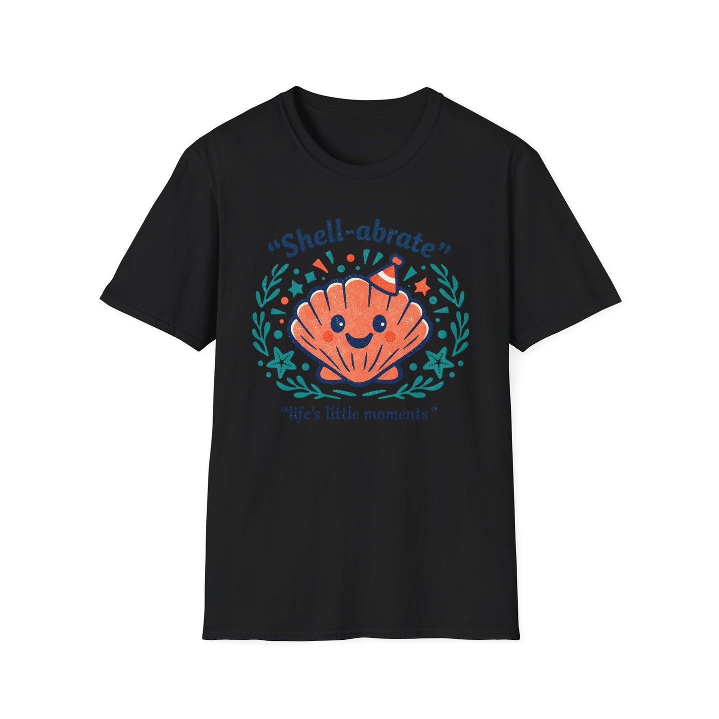 Shell-abrate Happy Seashell T-Shirt — "life's little moments" Cute Beach Graphic Tee