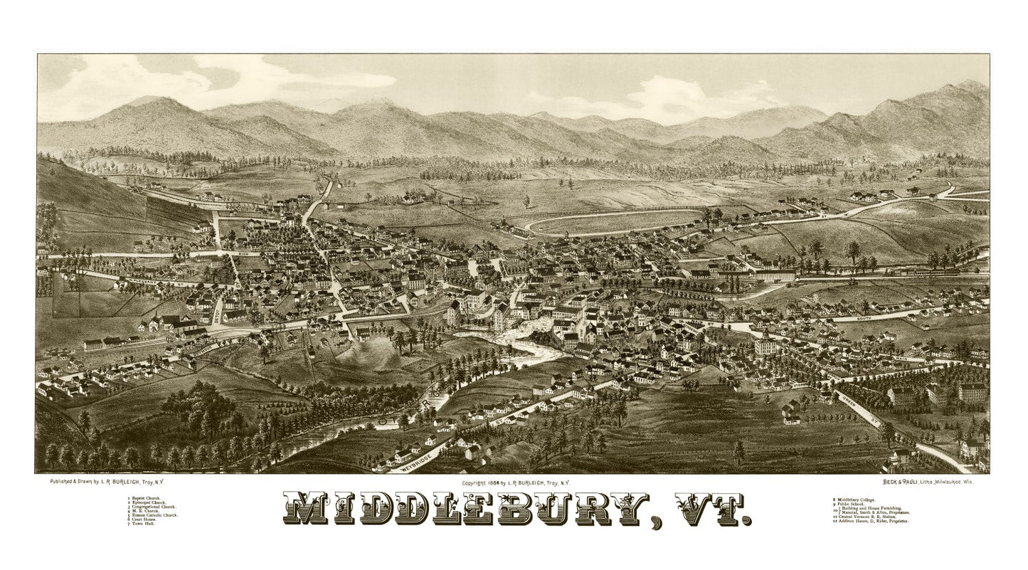 Vintage Map of Middlebury, Vermont 1886