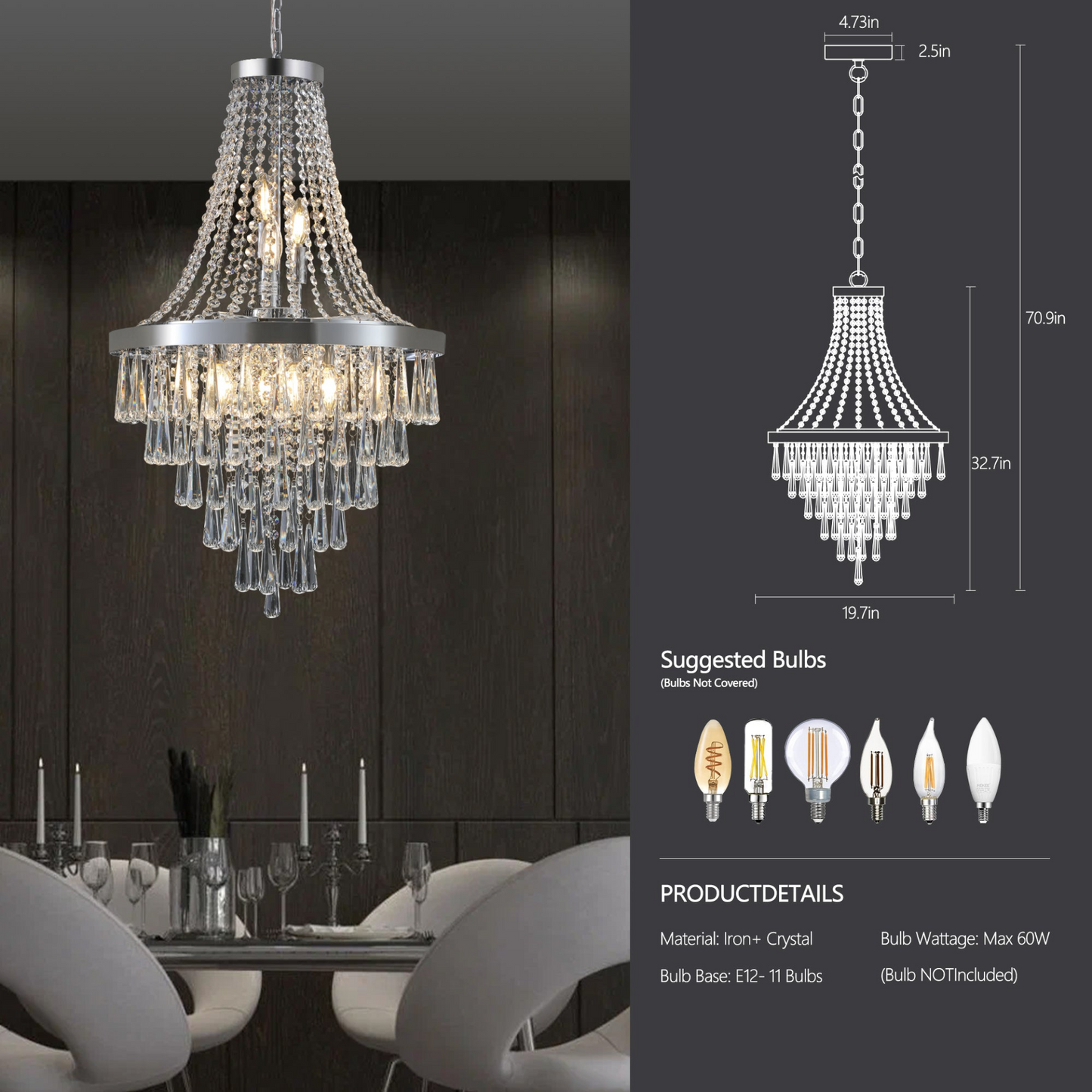 (Same as W1340P143191/L5004-500-C) Chromium color Crystal Chandeliers,Large Contemporary Luxury Ceiling Lighting(Bulb Not Included)