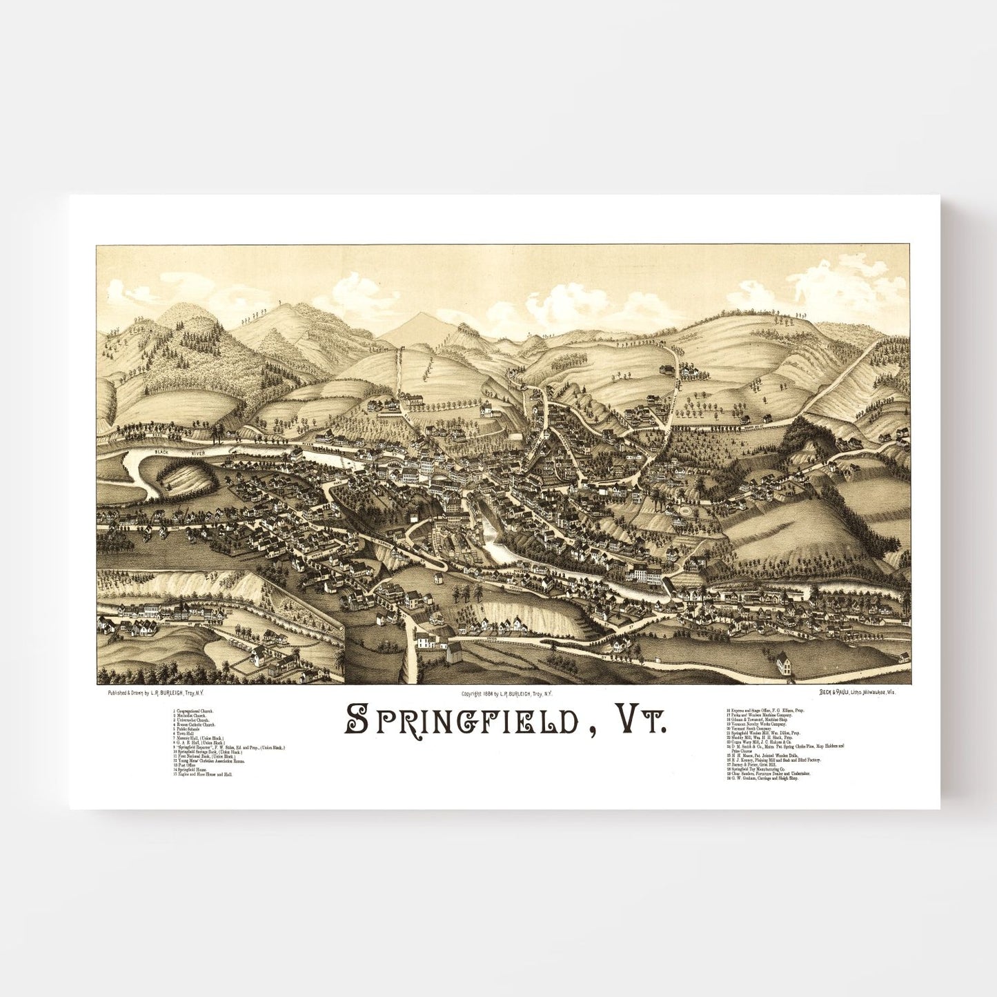 Vintage Map of Springfield, Vermont 1886