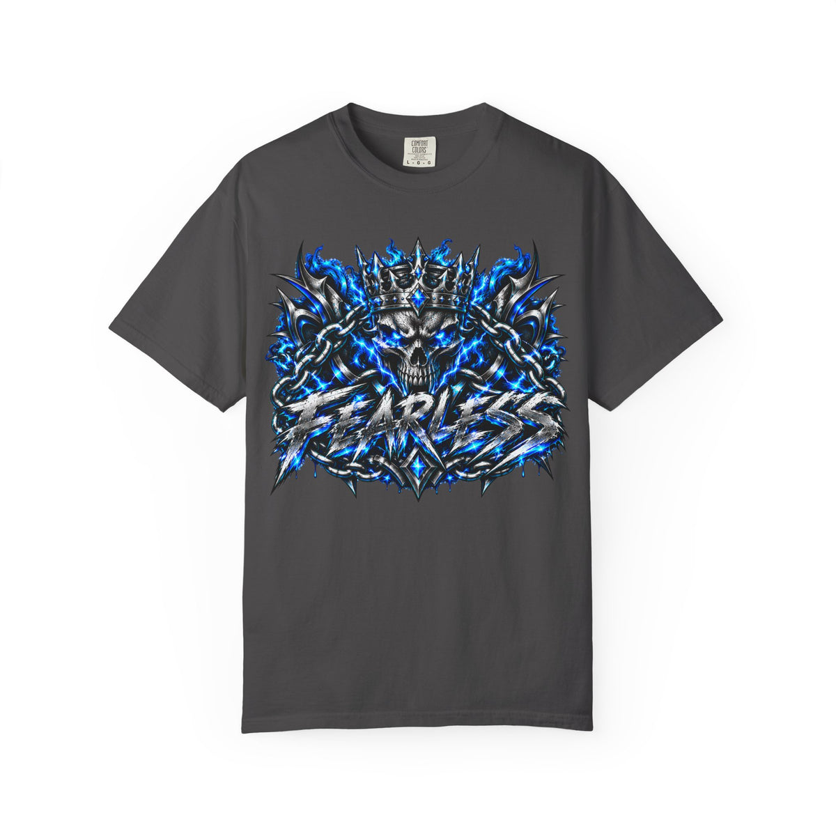 Skull Throne Graphic T-Shirt — Blue Lightning Heavy Metal Tee