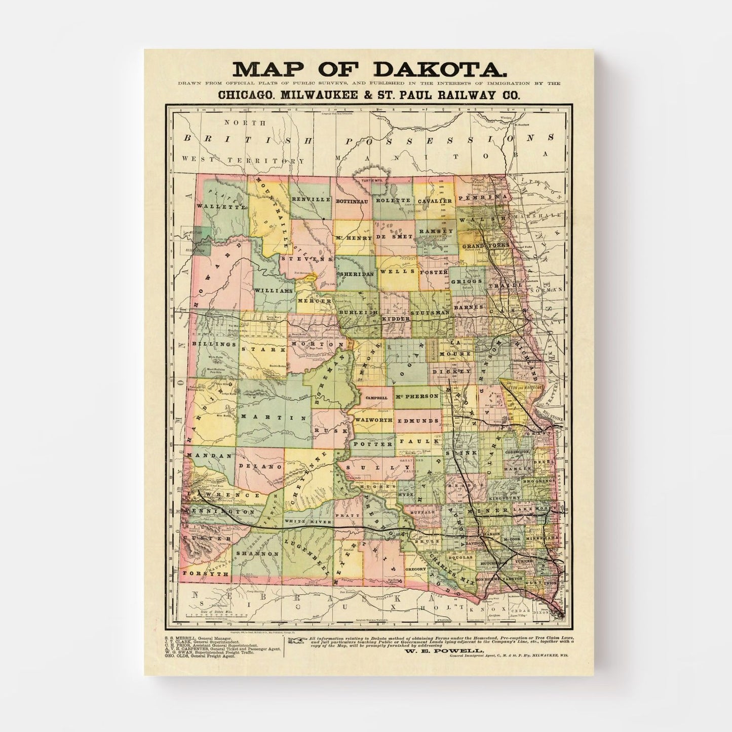 Vintage Map of Dakota Territory 1882
