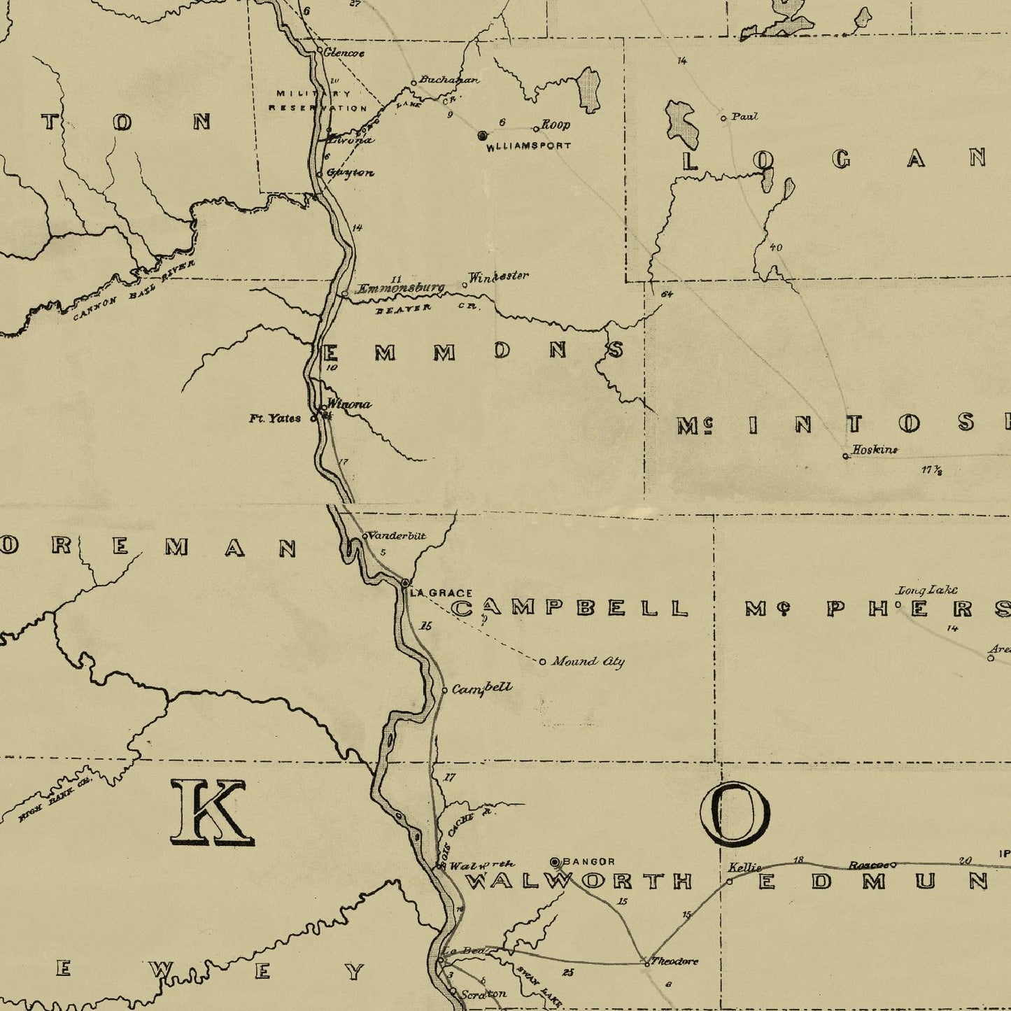 Vintage Post Route Map of Dakota Territory 1885