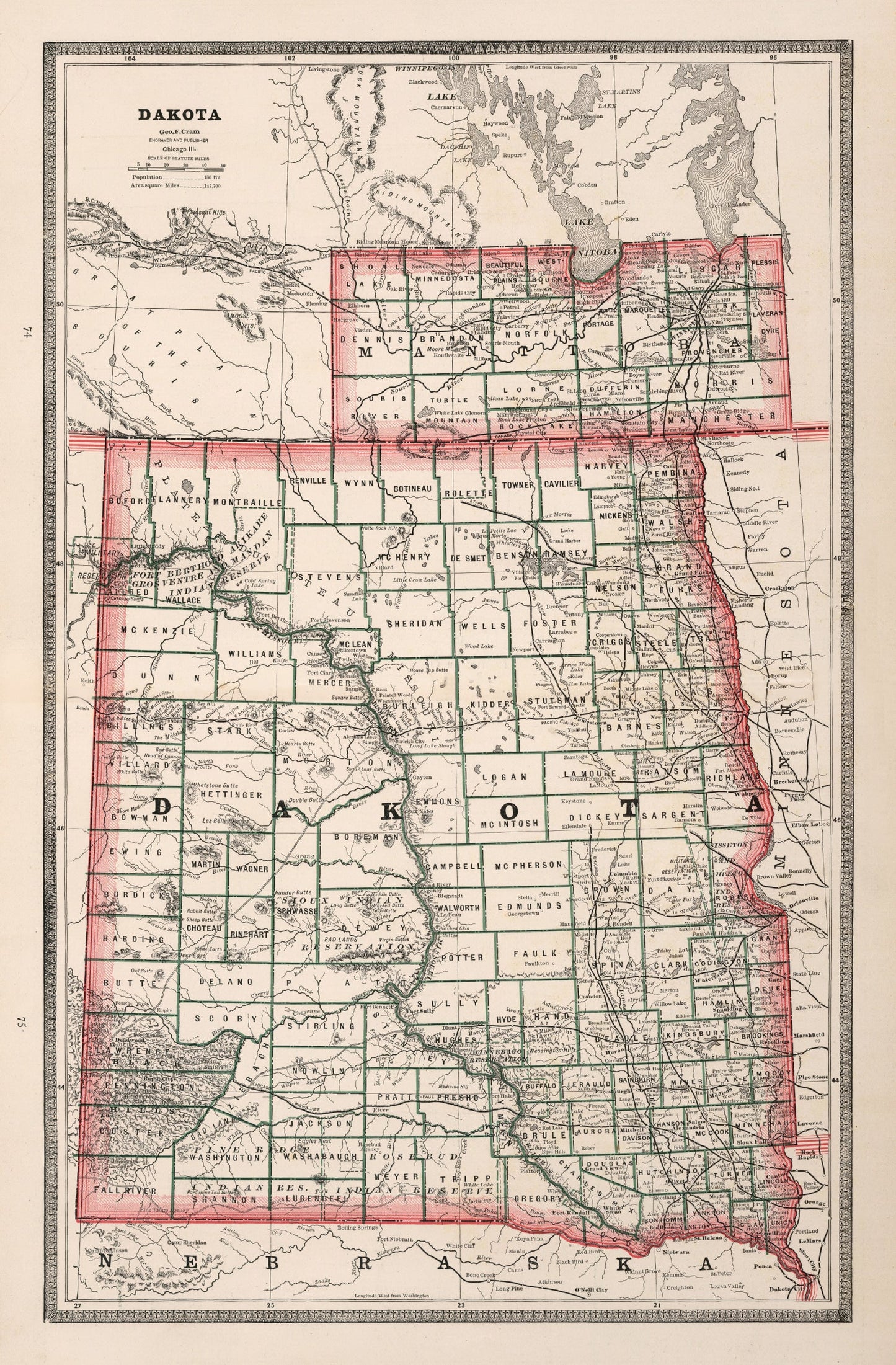 Vintage Map of Dakota Territory 1883
