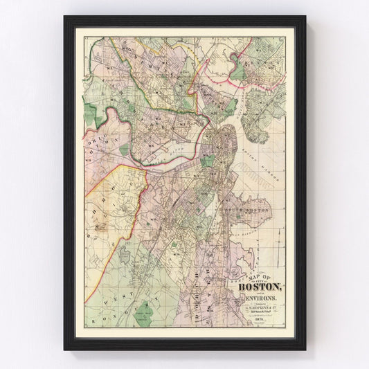 Vintage Map of Boston, Massachusetts 1874
