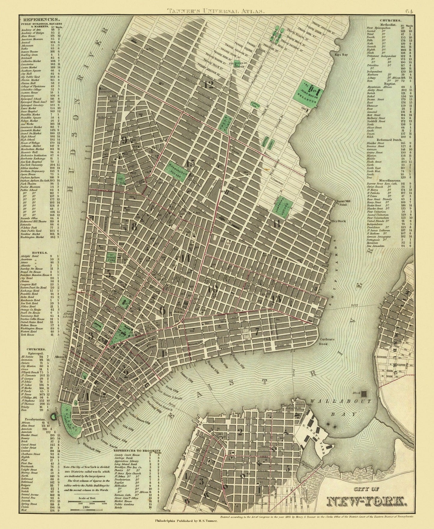 Vintage Map of New York City, New York 1836