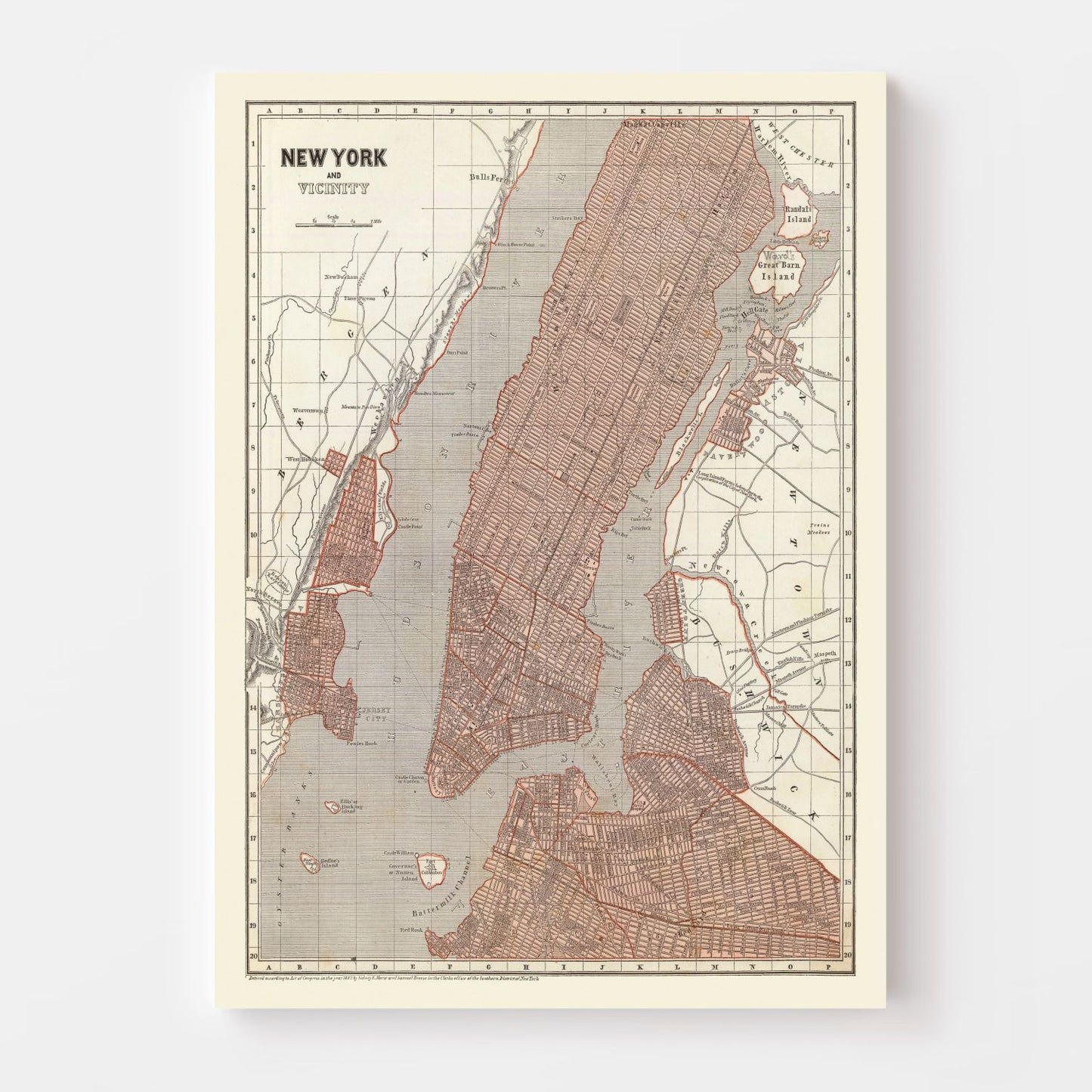 Vintage Map of New York City, New York 1845