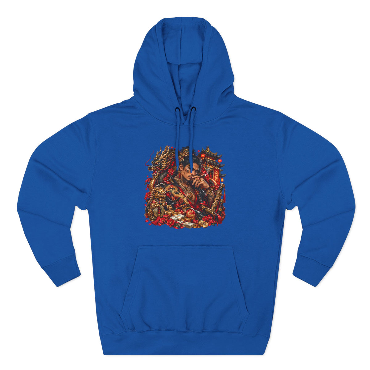 Dragon Battle Hoodie — Three-Panel Fleece Hooded Sweatshirt with Fiery Fantasy Artwork