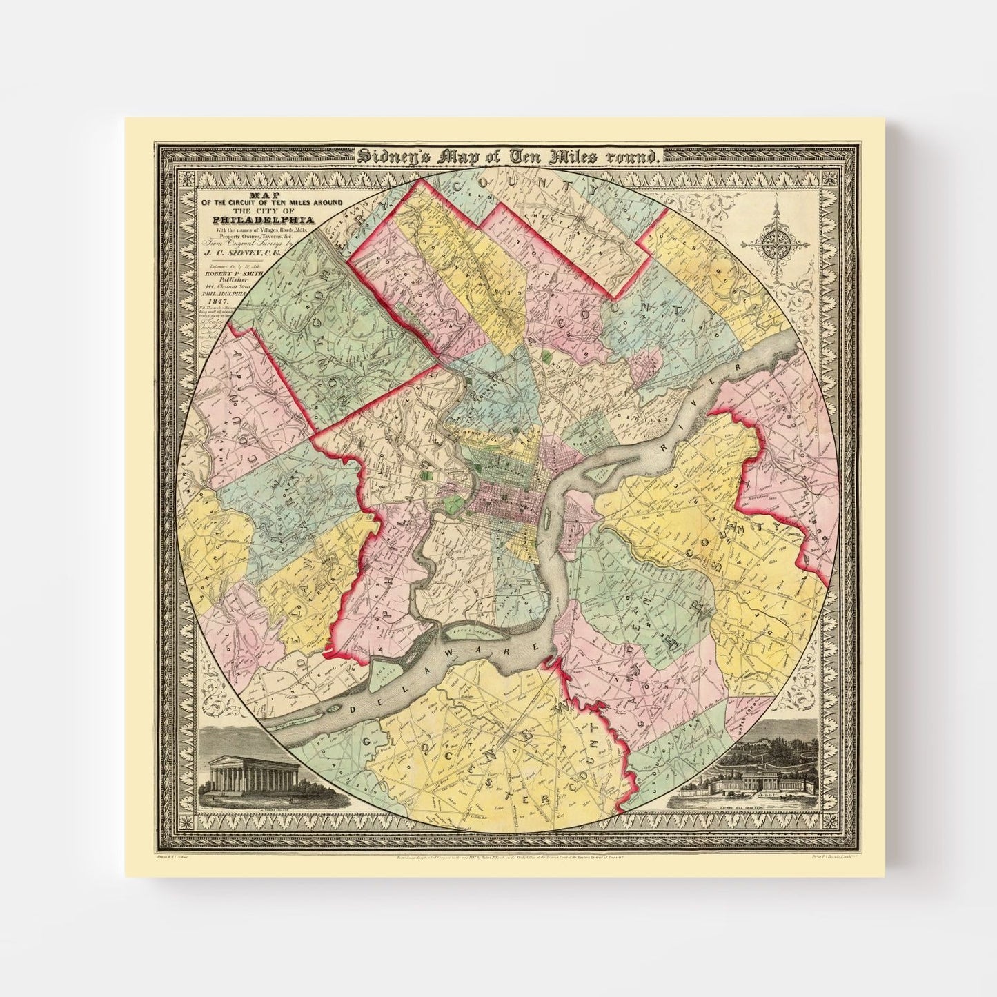 Vintage Map of Philadelphia, Pennsylvania 1847