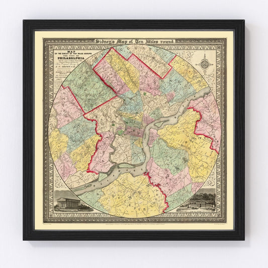 Vintage Map of Philadelphia, Pennsylvania 1847
