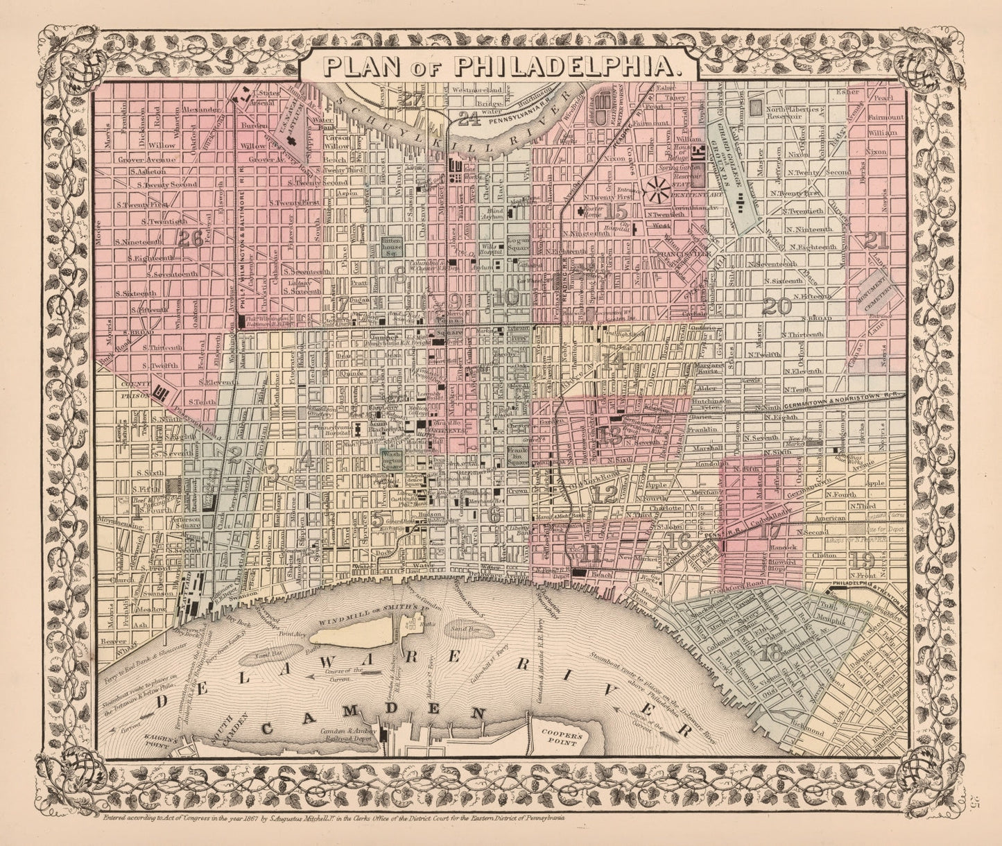 Vintage Map of Philadelphia, Pennsylvania 1868